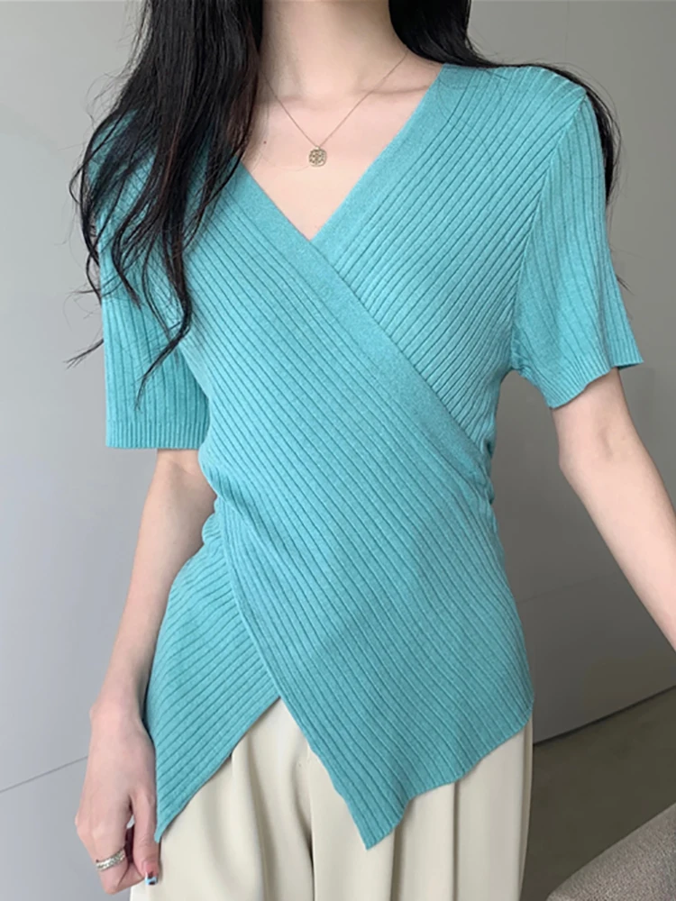 

Camisetas Knitted T Shirt Women Irregular V-Neck Tshirt Short Sleeve T-Shirts Summer Tops Korean Style Clothes Tee Shirt Femme