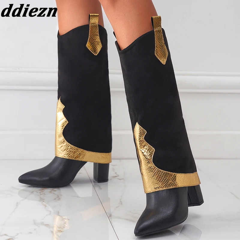 

Gold Knee High Boots Women 2023 Fashion Flock Mixed Colors Modern Ladies Heels Boots Slip On Outdoor Female Pumps Casual Shoes