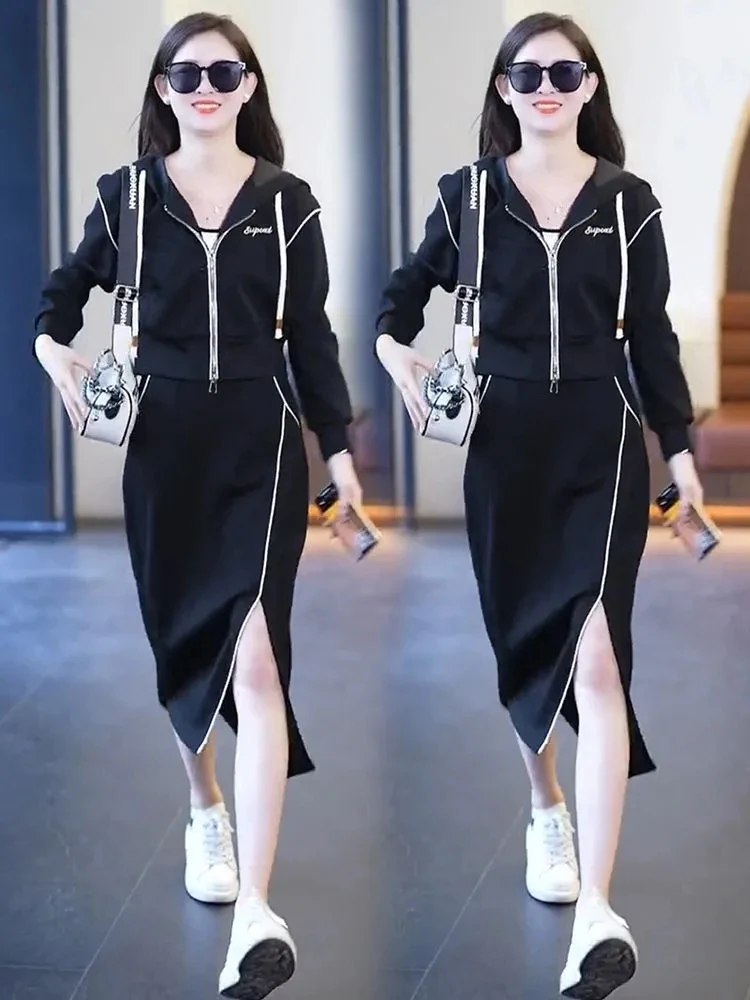 Женский костюм для отдыха короткий свитер на молнии с капюшоном и приталенное