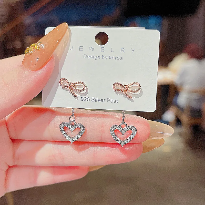 

2021 New S925 Silvers Simple Heart Bowknot Dangle Earrings Diamonds Female Exquisite Jewellery for Women Earrings Fashion