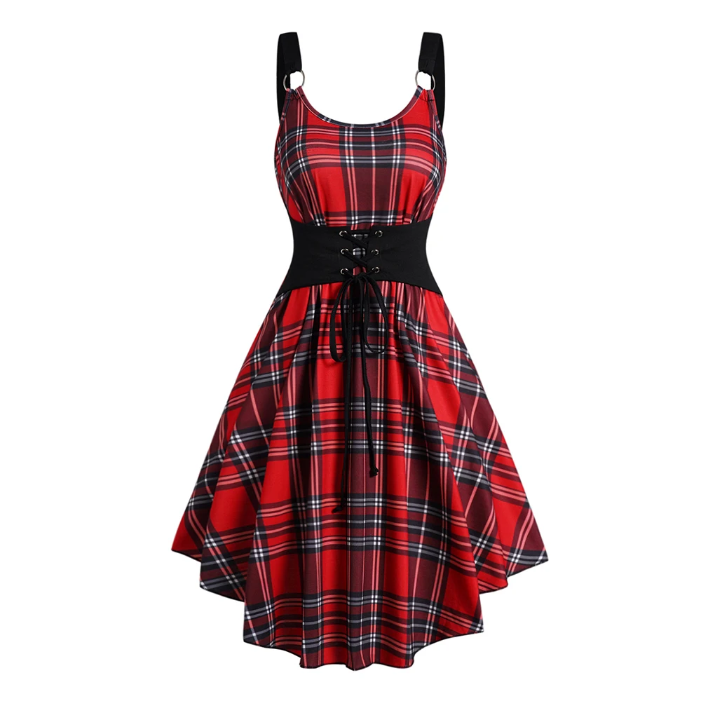 

Women's Summer Dress Plaid Print Lace Up Cami Sleeveless Dress O Ring Curved Hem Scoop Neck High Waisted Fashion Casual Dress