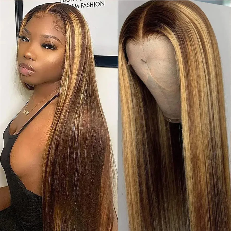 427 хайлайтер коричневый прямой кружевной передний парик 13x6 4x4 человеческие