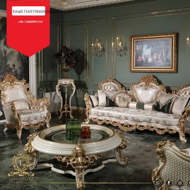 

Роскошный Европейский диван из цельной древесины на заказ, тканевая резная Золотая фольга, Французский дворец, вилла, мебель для гостиной