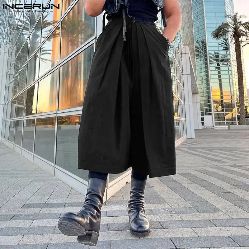 

INCERUN 2023 Men Pants Solid Color Button Joggers Pleated Loose Wide Leg Trousers Men Streetwear Pockets Fashion Pantalon S-5XL