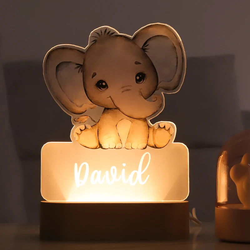 Personalized Baby Elephant Lion LED USB Night Light Custom Name Acrylic Lamp for Baby Kids Children Bedroom Home Decoration