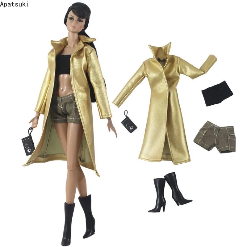 Golden Leather Doll Clothes Set For Barbie Outfits Fashion Long Jacket Trenchcoat Top Shorts Boots Purse 1/6 Dolls Accessories
