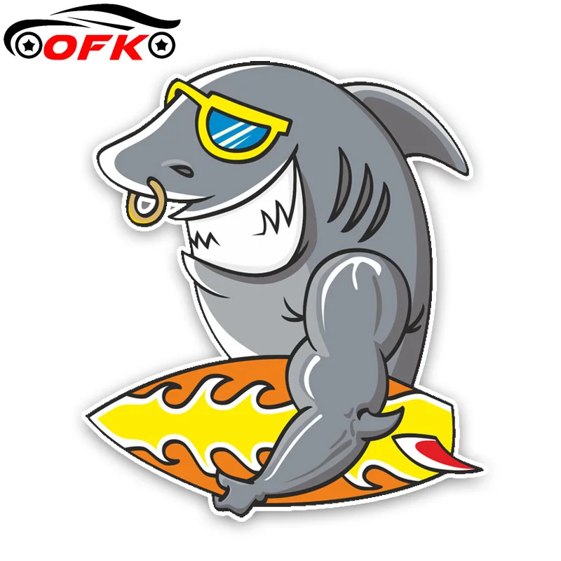 

OFK Interesting Cartoon Surfboard Shark Colored PVC High Quality Car Sticker Decoration 12.5*14.3CM