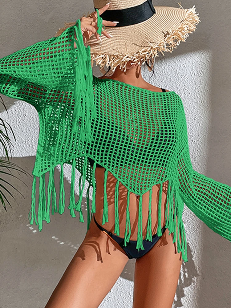 

Summer Sexy Bathing Bikini Cover Ups Women Flared Long Sleeve Hollow-Out Loose Tops with Tassel Sunscreen Female Solid Clothing