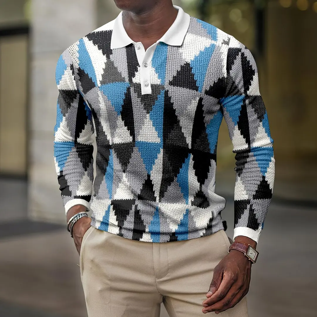 

Мужская рубашка-поло с длинным рукавом, с отложным воротником