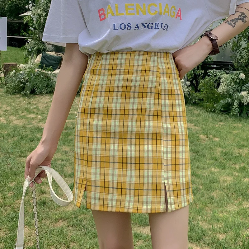 

Harajuku Plaid Skirt Women Short Skirt 2022 New Skirt Korean Student Lined High Waist Slit A-line Skirts Bag Hip Skirt Ladies
