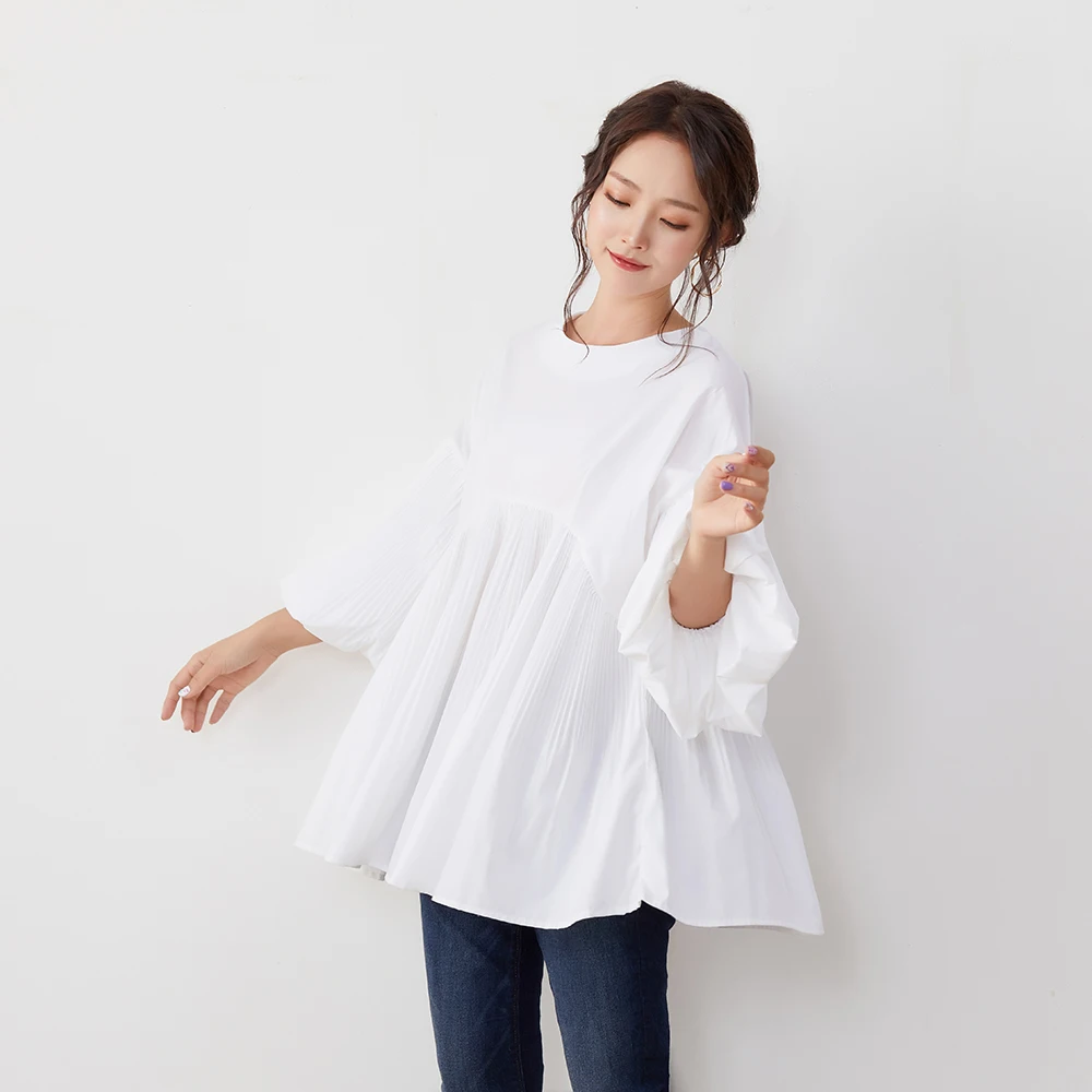 

Women White Patchwork Blouse Nine Points Sleeve Plain Pleated Fashion Casual Sweet Tops High Street Dating Party Fairy Girl Slim