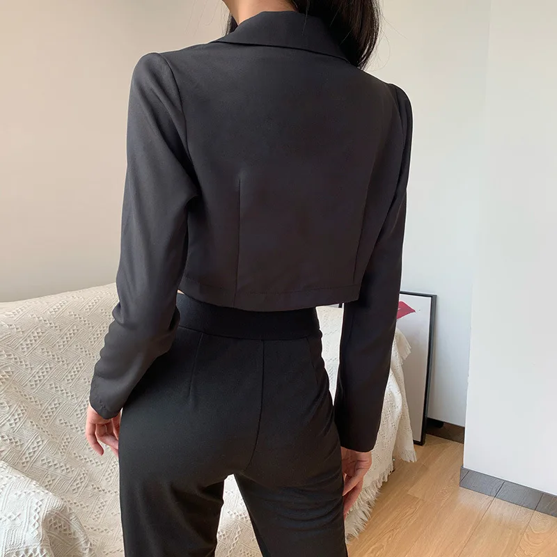 Punk Style Women Blazers Casual Metal Chain Black Suit Vintage Autumn Long Sleeve Blazer Korean Fashion Streetwear Cropped Tops