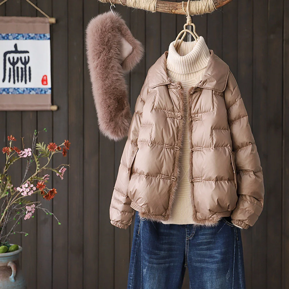Real Fox Fur Winter Collar Women 90% Duck Down Jacket Vintage Button Female Snow Thick Warm Irregular Outwear