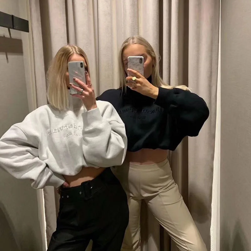 

AAW033 Fashion Classic luxury design Vintage Loose Letter Embroidery Short Crop top Turtleneck Hoodies Women Tide Sweatshirts A2