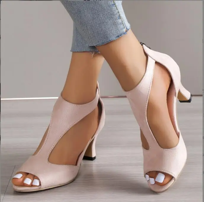 New Fashion Thick Heel Sandals Women's Summer Fish Mouth Women's Shoes Rhinestone High Heels Women's Black Pink Shoes Women
