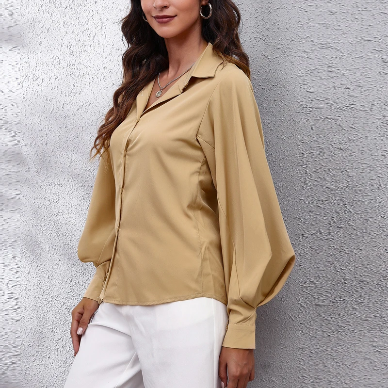 

Elegant fashion Lantern sleeve Women shirt Solid Turndown collar OL Tops Single-breasted Simple Long-sleeve Chiffon Blouse