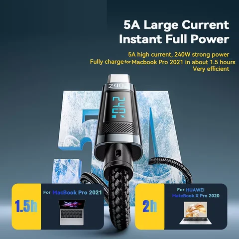 240 Вт PD Кабель для быстрой зарядки типа C к типу C Кабель 100 Вт с цифровым дисплеем USB C к типу C для Xiaomi HUAWEI Macbook iPad Ноутбук