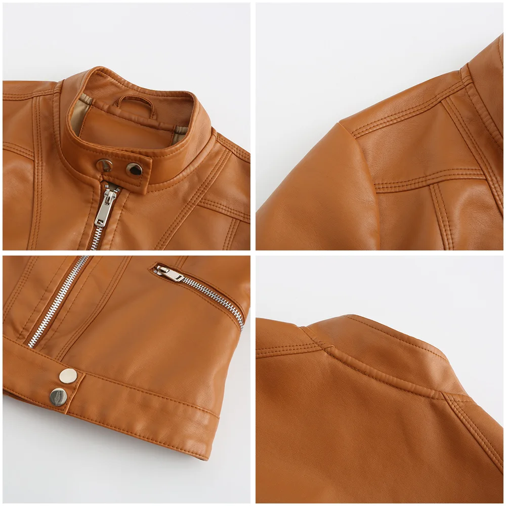 Autumn Women Short Faux PU Jacket Slim Fashion Punk Stand Collar Outwear Slim Motorcycle Biker Leather Jacket Casual Bomber Coat