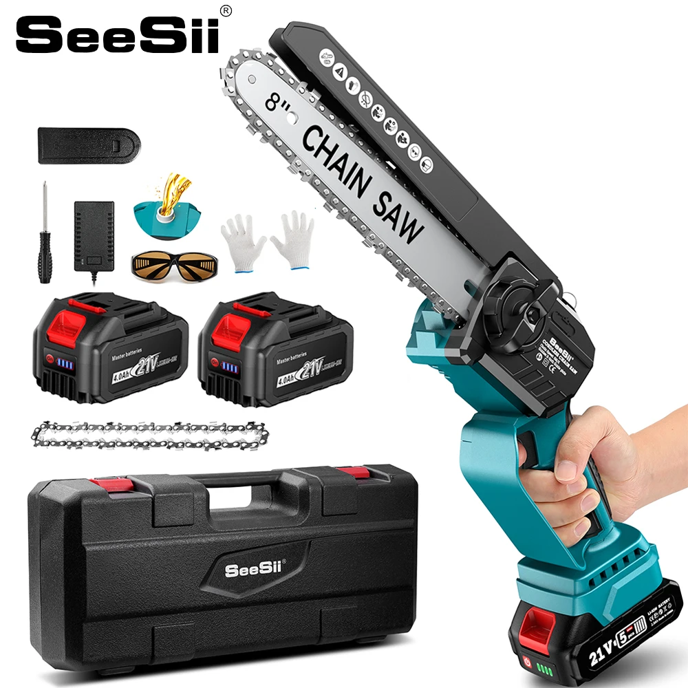 

SEESII 8 Inch Brushless Electric Chainsaw Cordless Chain Saw With 2.0 4.0Ah Battery Wood Cutting Garden Pruning Saw Power Tools