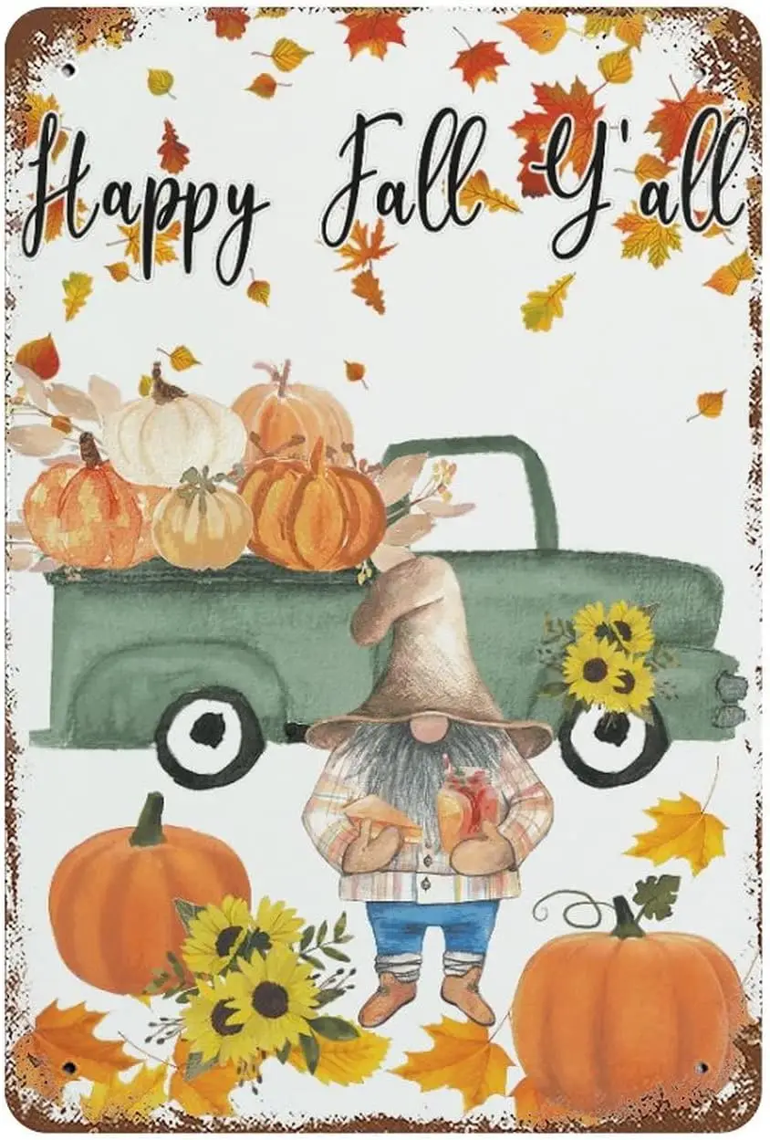Гаражное искусство счастливая осень You Металлические знаки 8 дюймов x 12 дюймов грузовик гном Тыква осенний жестяной знак Ретро Стиль вывеска для дома Бар кофе