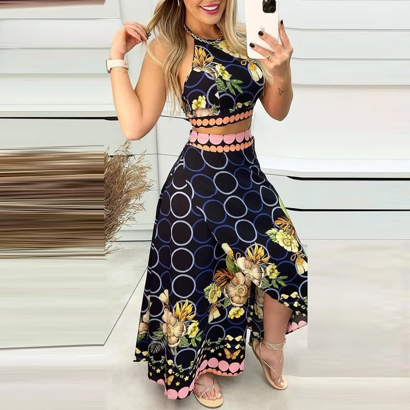 Женский короткий топ с цветочным принтом кружевной воротником-халтером и юбка