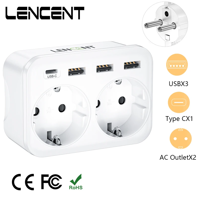 

LENCENT Wall Charger 6 in 1 Thief Sockets with 2 Schuko Sockets 3 USB Ports and 1 Type C Multiple Plug Adapter for Home Office