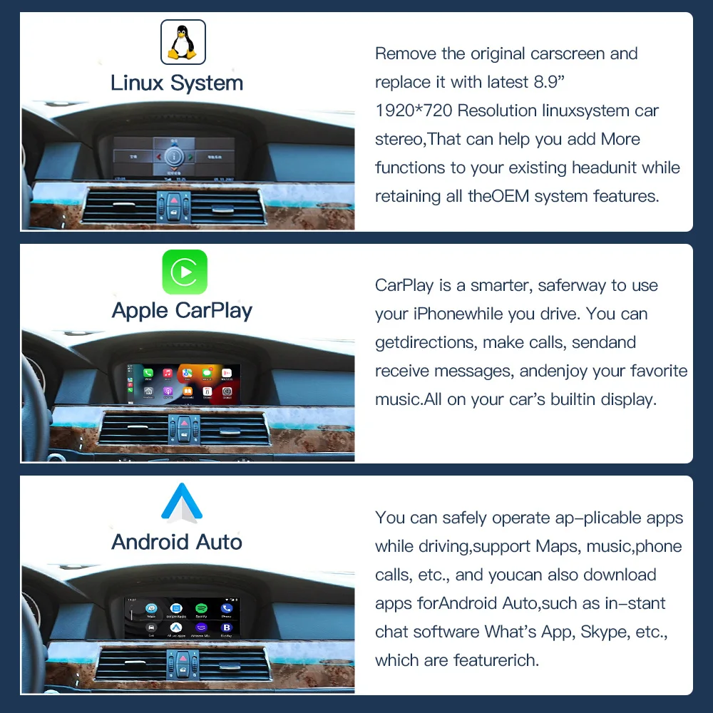 Фото 8,8-дюймовый радио-навигатор, мультимедийный экран, беспроводной Carplay Android Auto для автомобиля 3, 5 серии E60 E90 E92 Ccc Cic №4