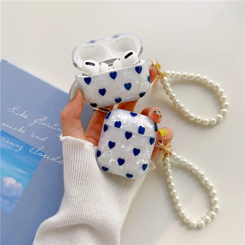 

Luxury Dreamy Blue Glossy Love Heart Earphone Cases For apple AirPods 1 2 Pro Headset Cover For airpods Box Shell Pearl keychain