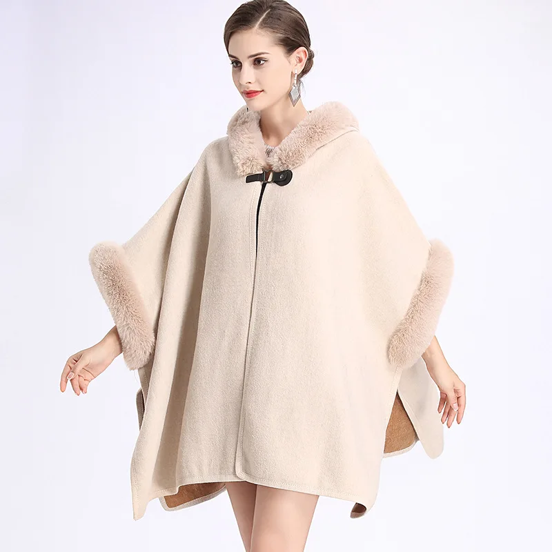 Autumn and winter new wool collar hooded double-sided nylon cardigan cape coat women