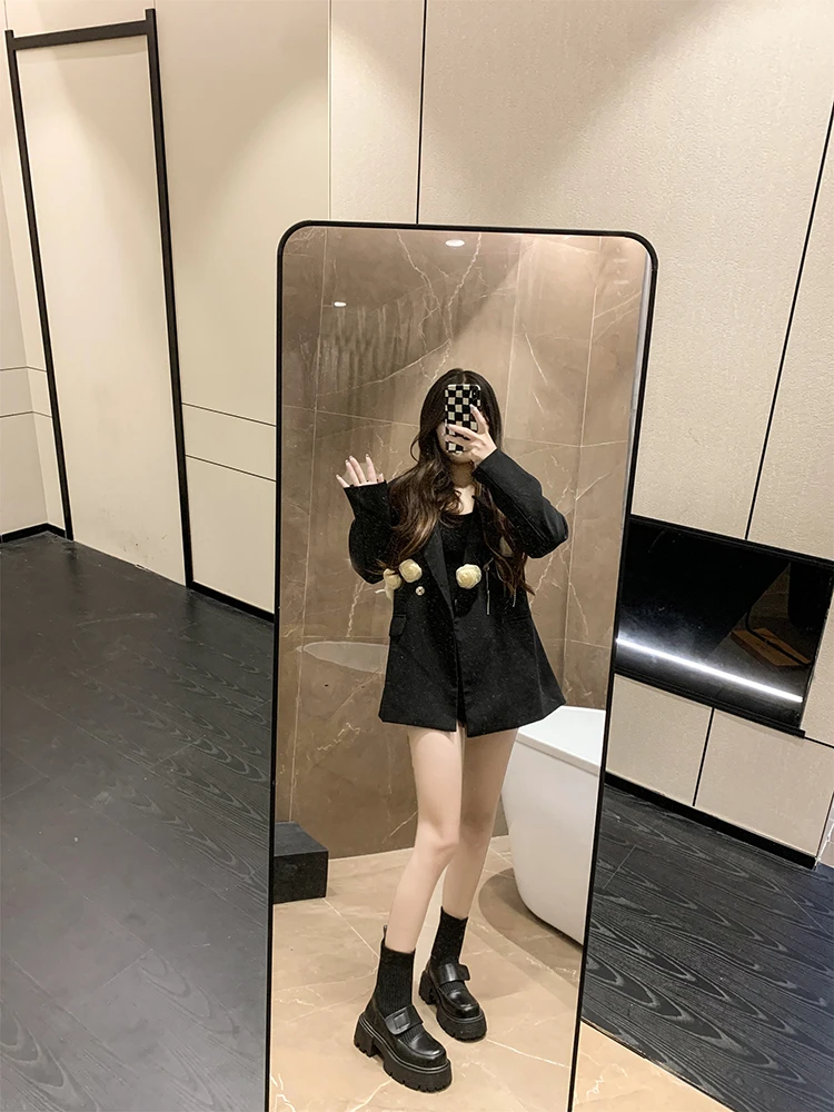 Autumn new black elastic socks boots women's short Boots Spring and Autumn Square head retro thick-soled small thin boots