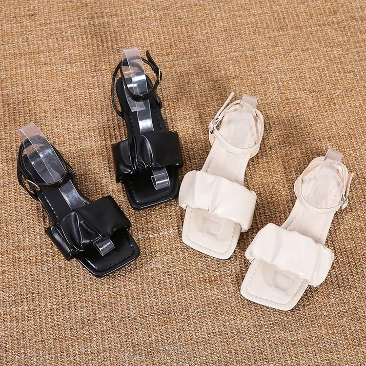 

Buckle Female Sandal Comfort Shoes for Women Clear Heels All-Match Large Size Square Toe 2022 Summer Girls Flat Beige Big New Fa