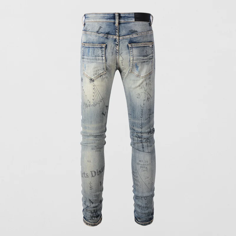 Street Fashion Men Jeans High Quality Retro Gray Blue Elastic Slim Ripped Jeans Men Printed Designer Hip Hop Brand Pants Hombre