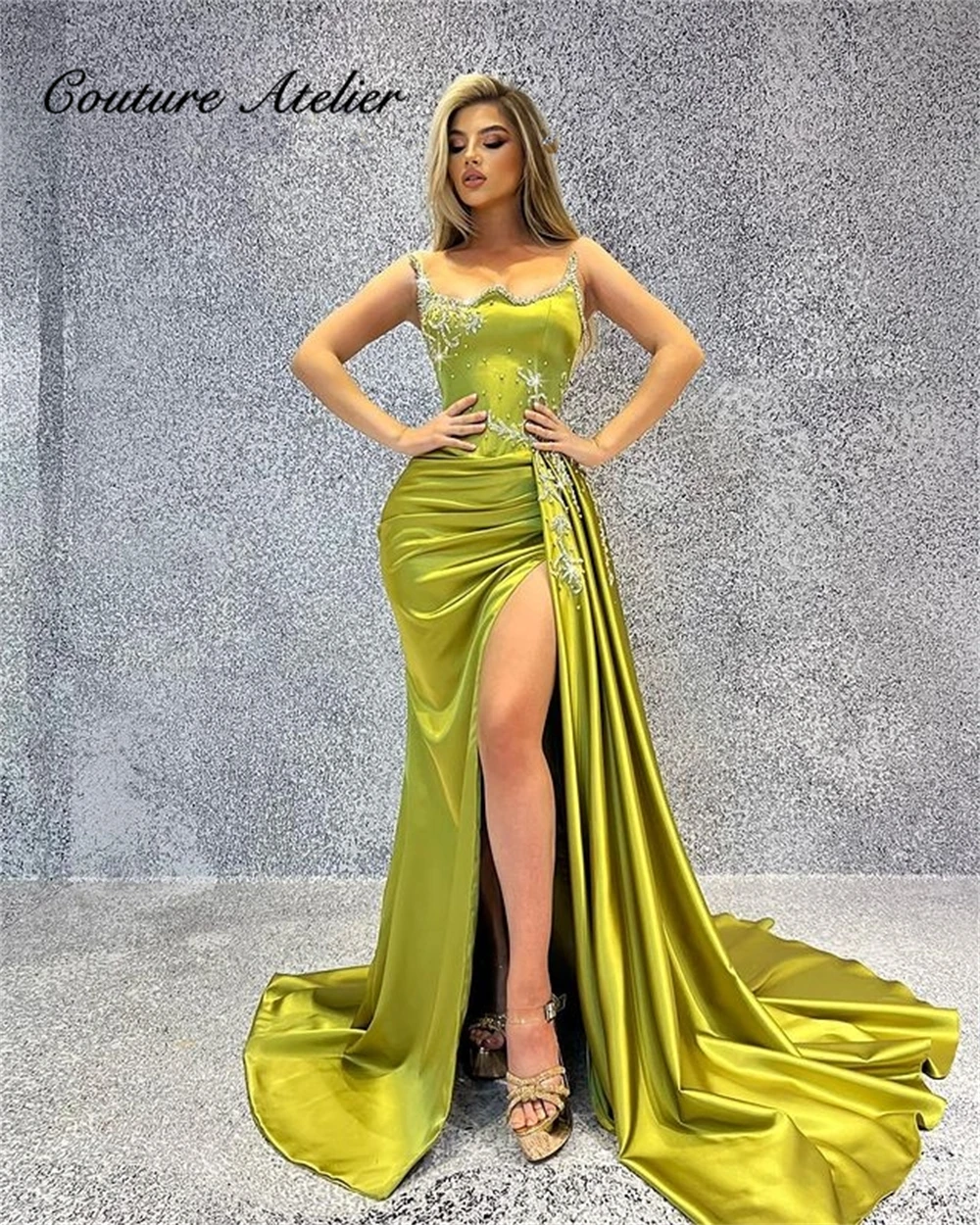 

Slit Satin Silver Beaded Strapless Prom Dress Mermaid Ladies Dresses For Special Occasions With Train vestidos de fiesta elegant