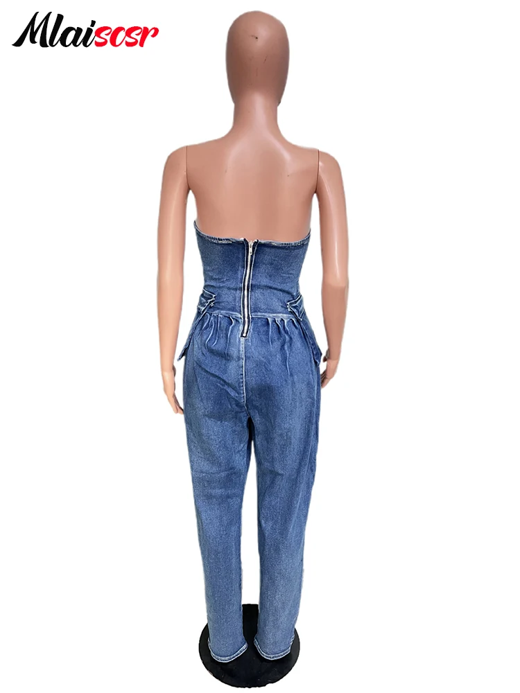 Mlaiscsr синие эластичные джинсовые комбинезоны без бретелек рукавов с карманами и