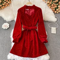 christmas annual meeting red halter neck square neck velvet dress female autumn and winter shiny waist temperament dress skirt