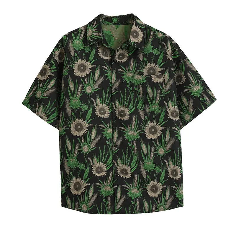 

Summer New Design Grass Green Full Print Shirt Men and Women Loose Short Sleeve Hawaiian Beach Shirt Korean Button Up Shirt 2022