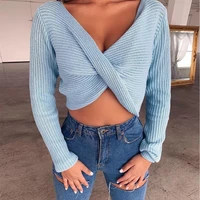 2021 autumn knitwear v neck white short sweater blue new cross tops women knitted sweaters pullover irregular knit sexy crop top