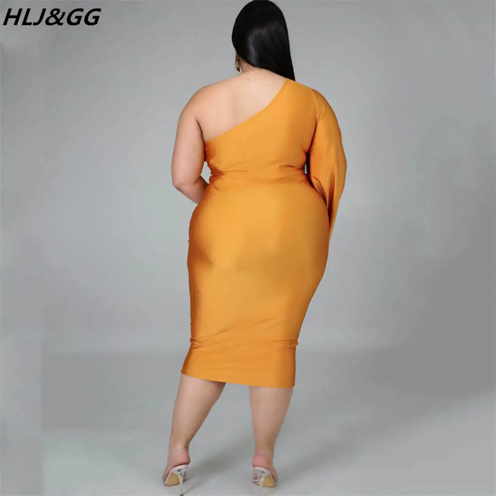 HLJ&GG Elegant Lady Satin One Shoulder Sleeve Party Club Dresses Plus Size Women Clothing 2XL-5XL Fashion Solid Hollow Mid Dress