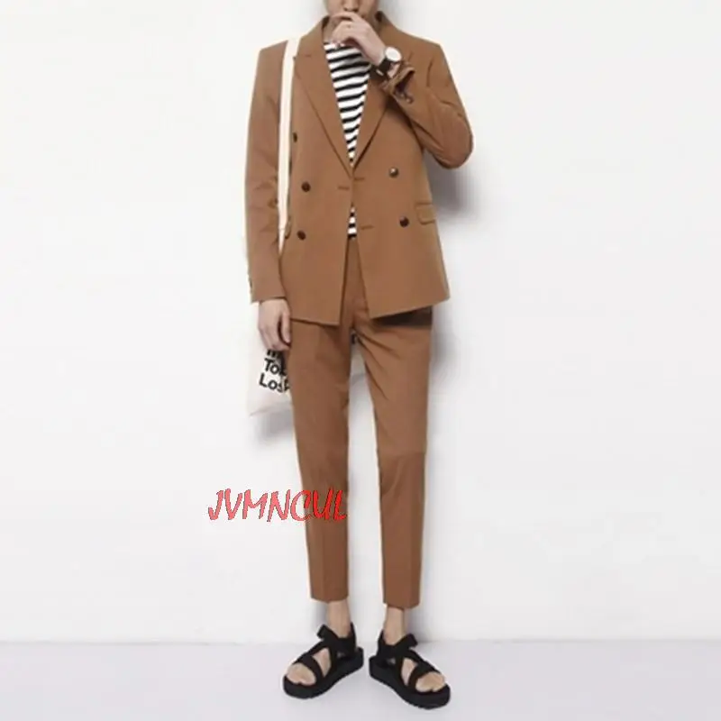 

2022Fashion Brown Men 's Slim Casual Suit Two - piece Suit British Business Wedding Double - breasted Male Prom Groom