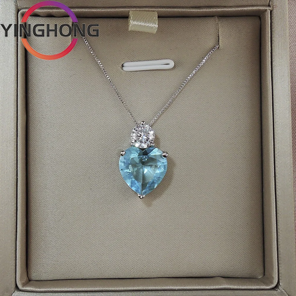 

QueXiang S925 Sterling Silver New Paraiba Heart Necklace Earstuds Women's Jewelry Charm Set Fashion Luxury Exquisite Gift