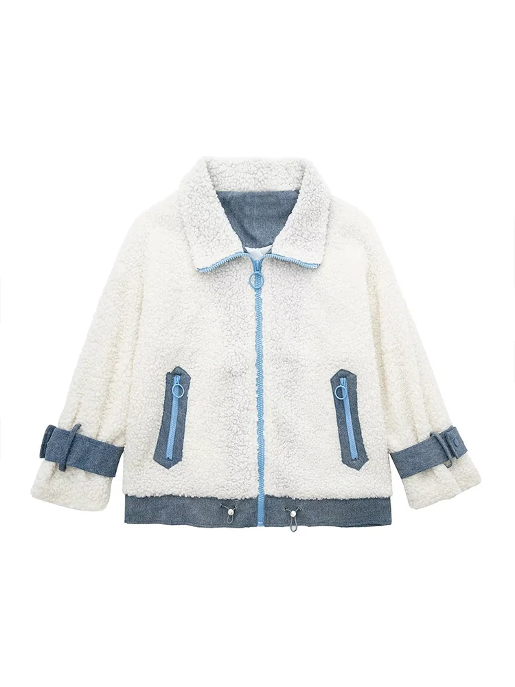 

BM&MD&ZA Women 2022 New Fashion With pocket Lambhair Jacket Coat Vintage Lapel Long Sleeve zipper Female Outerwear Overshirt