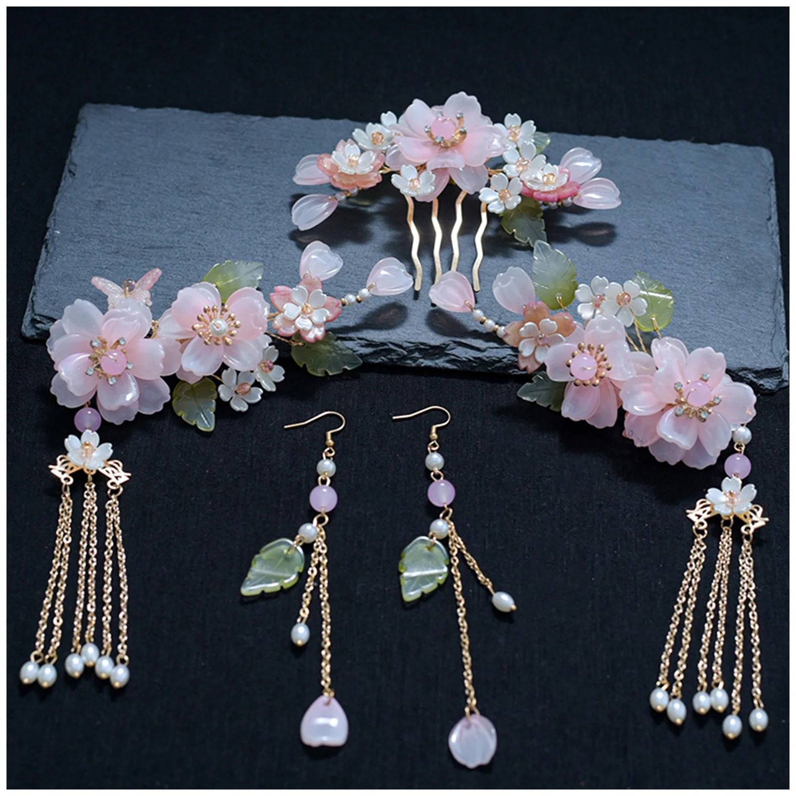 

Pink Flower Hair Comb Hairpin Set Ancient Style Hair Styling Accessories for Han Chinese Costume Cheongsam