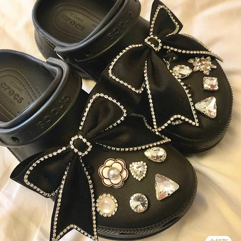 

Luxury Black Bow Croc Charms Designer Fashion Princess Style Shoes Charms for Croc Elegant DIY Clogs Shoe Buckle 2021 Whole set