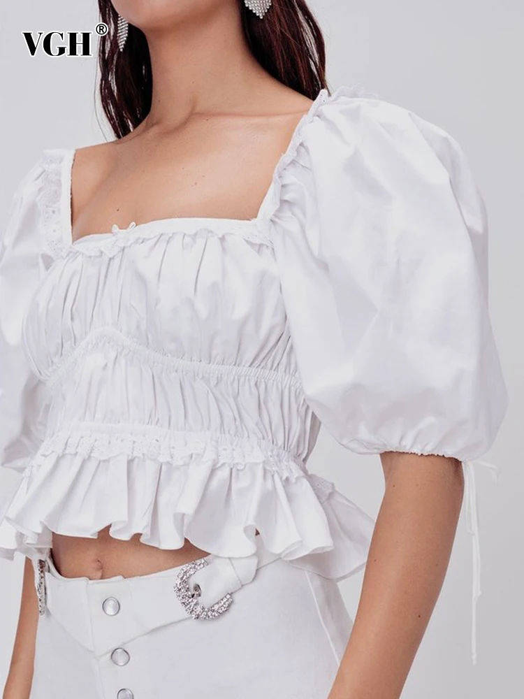 

VGH Casual Patchwork Ruffles Shirt For Women Square Collar Lantern Half Sleeve Gathered Waist Blouses Female 2022 Spring Fashion