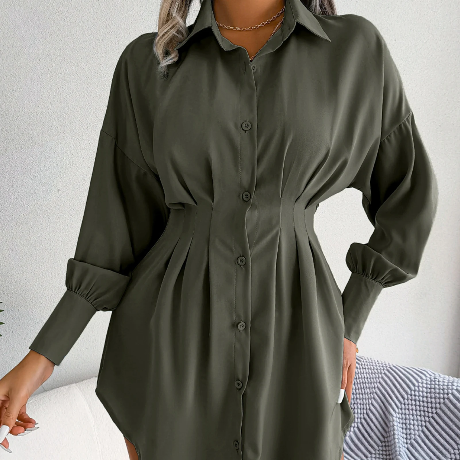 

Summer Buttoned Shirt Dress Lantern Sleeve Plain Shirt Dress Turn-down Collar Simple Solid Color Streetwear for Weekend Vacation