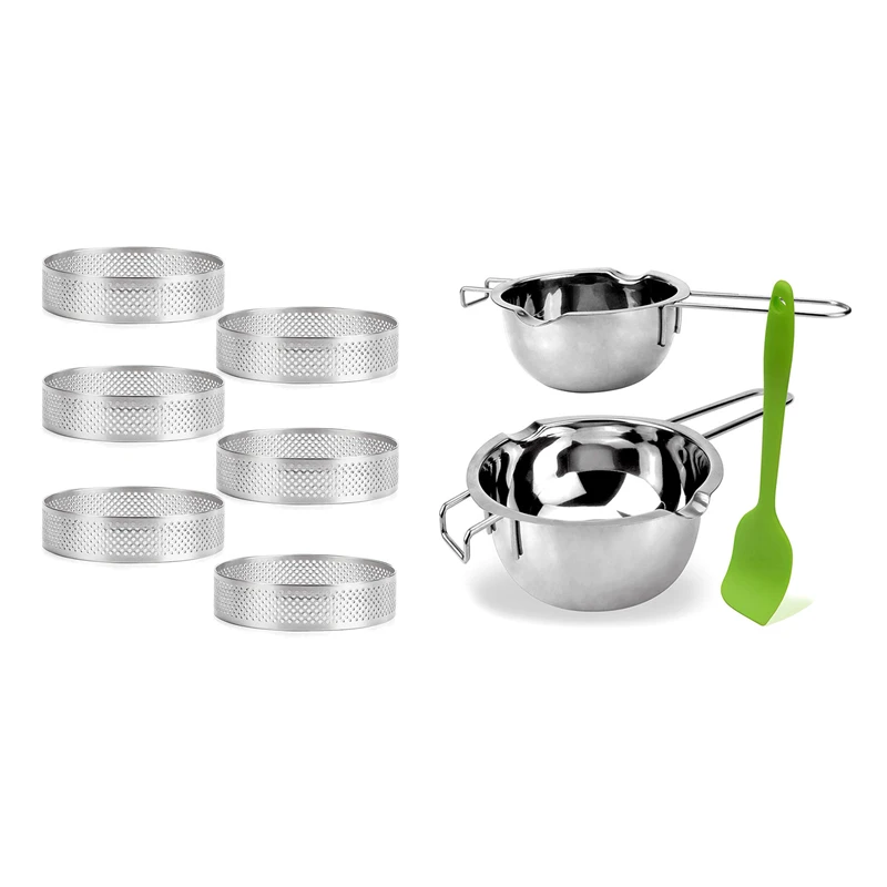 

6 Pack Stainless Steel Tart Rings With 2 Pack Double Boiler Melting Pot With Silicone Spatula Promotion