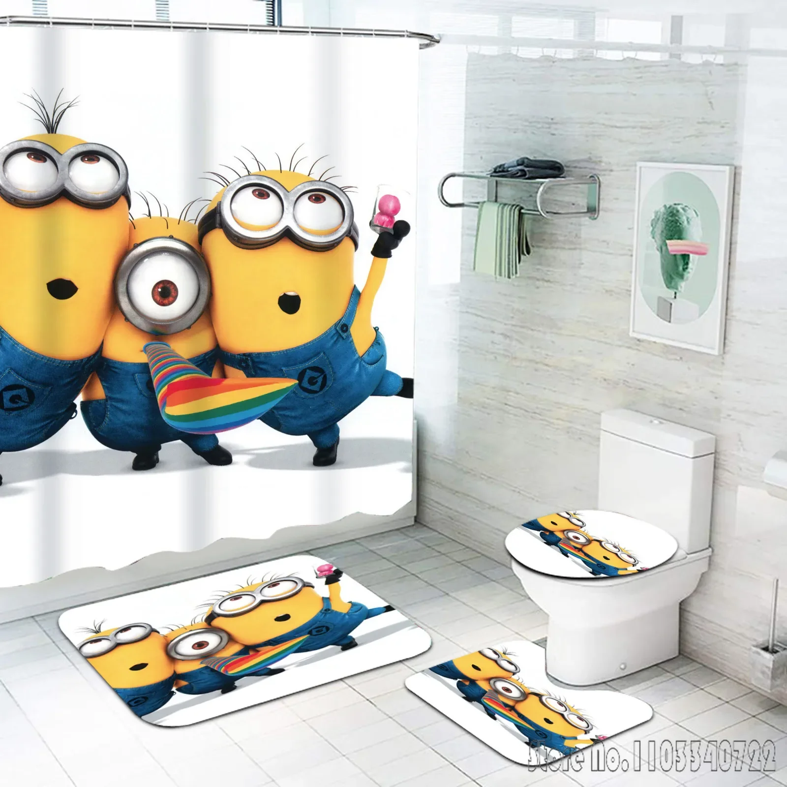 Детский набор для ванной с аниме-персонажами M-Minions: шторка для душа (4 предмета) с крючками, водонепроницаемый коврик для туалета, декор для крышки унитаза (art.: 3920db00e29ed) - 3920db00e29ed