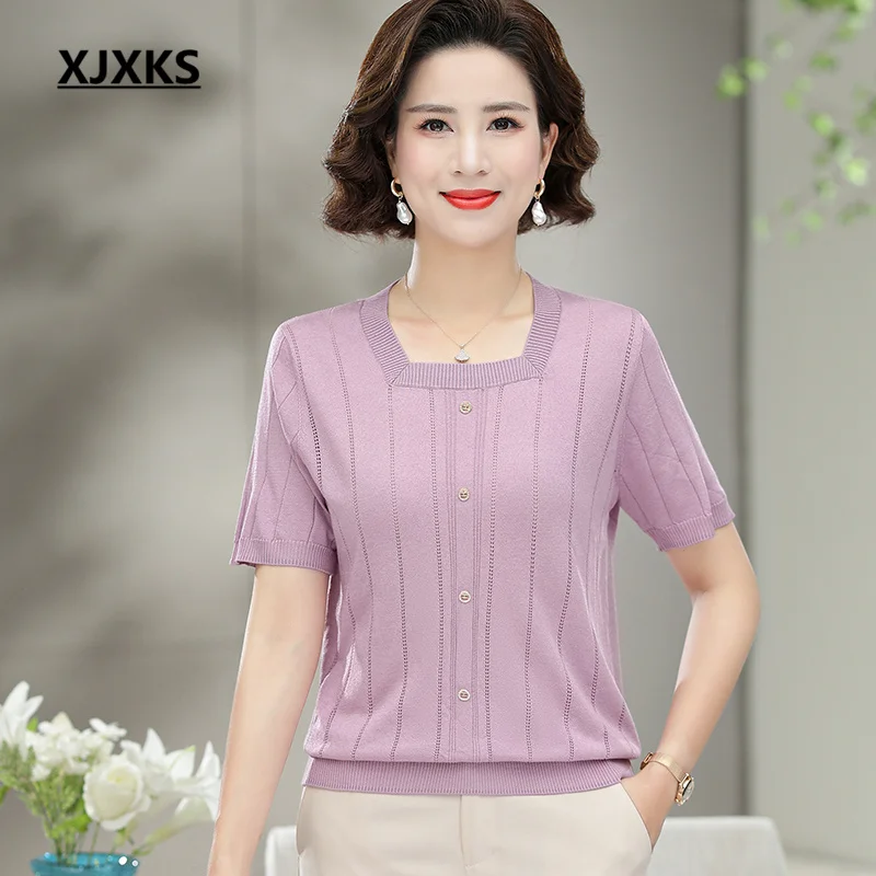 

Женский топ с квадратным вырезом XJXKS, свободная футболка большого размера из шелка тутового шелкопряда с коротким рукавом, лето 2023