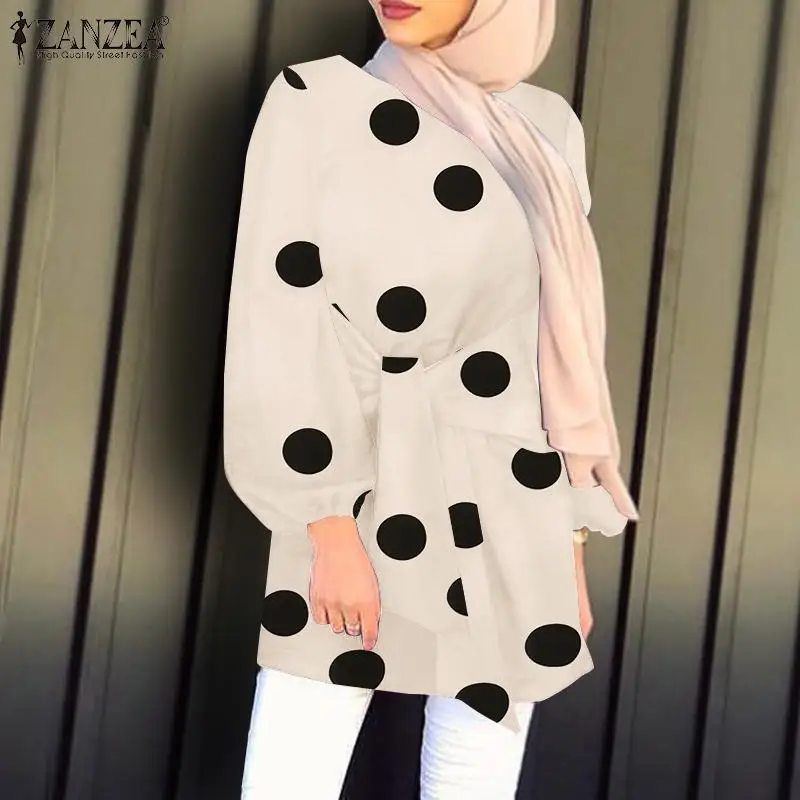 

Oversized Women Printed Blouses Long Sleeve Shirts ZANZEA Kaftan Muslim Abaya Hijab Tops Female Lace Up Polka Dots Chemise Tunic