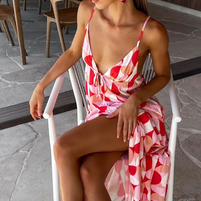 

Женское длинное платье без рукавов, повседневное пляжное платье для отпуска с глубоким V-образным вырезом и винтажным принтом, с лямкой на ш...